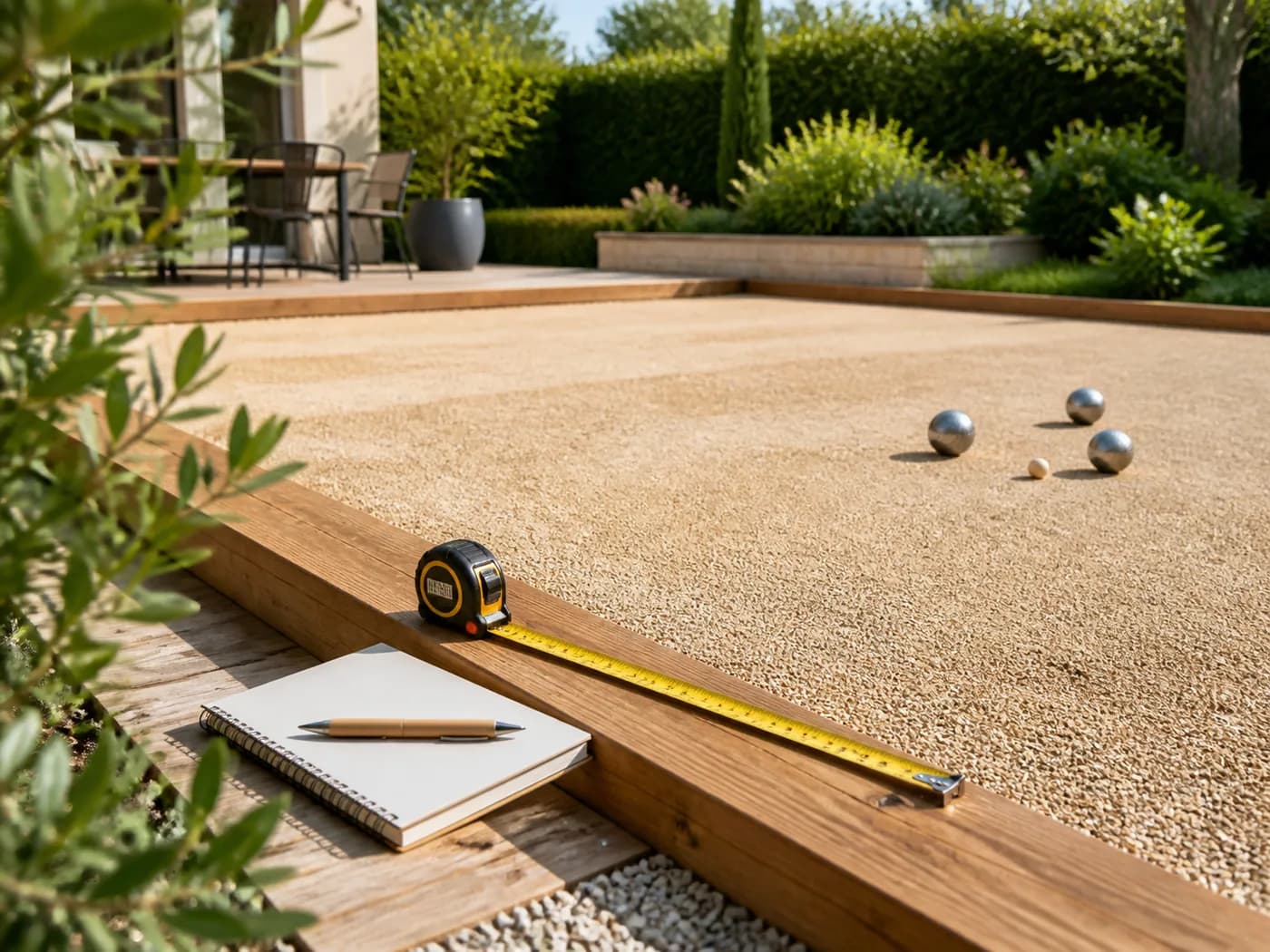 Terrain de pétanque avec mètre et carnet pour préparer le prix
